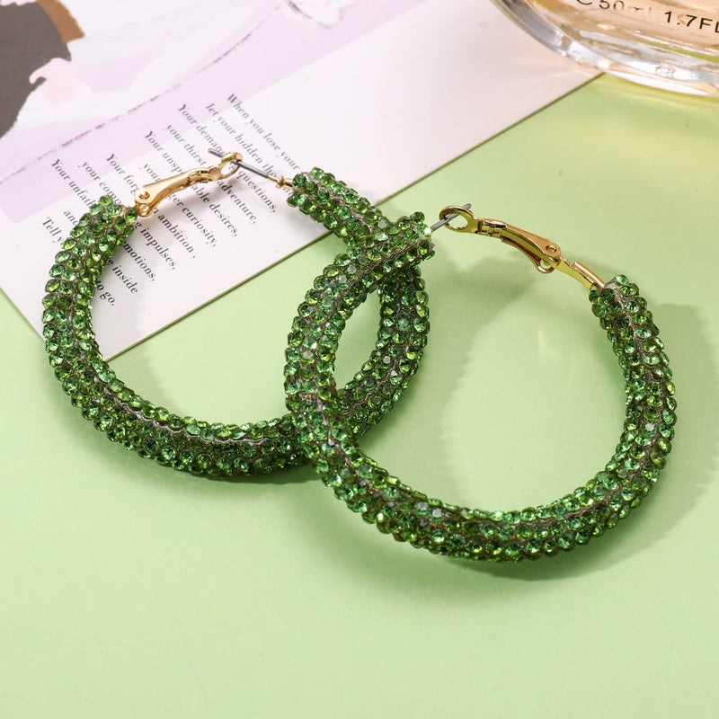NLCAC St Patrick Day Earrings Green Glitter Hoop Earrings Bohemian Sparkle Resin Rhinestone Wrapped Hoop Dangle Earrings for Women (Green) - Image 5