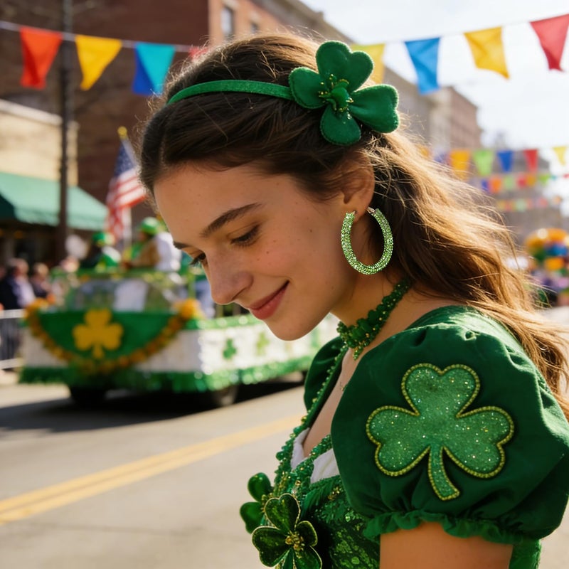 NLCAC St Patrick Day Earrings Green Glitter Hoop Earrings Bohemian Sparkle Resin Rhinestone Wrapped Hoop Dangle Earrings for Women (Green) - Image 3