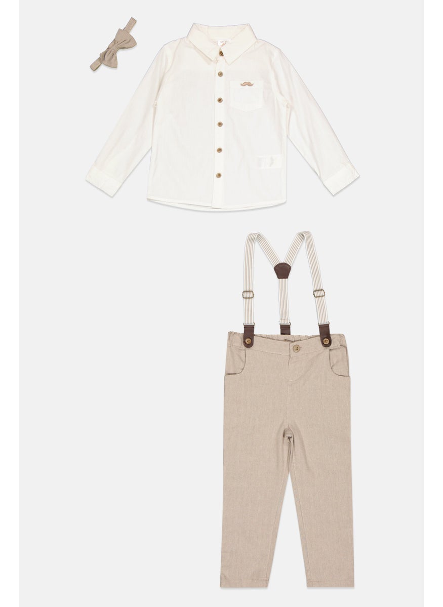 Little Gent - Toddlers Boy 4 Pieces Solid Pants, Shirt, Bow Tie And Detachable Suspender Belts, White - Image 1