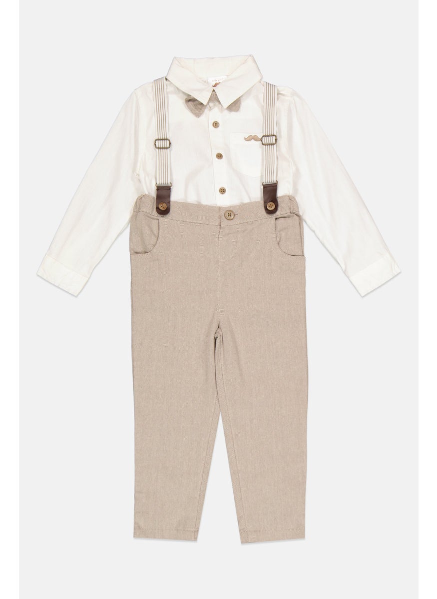 Little Gent - Toddlers Boy 4 Pieces Solid Pants, Shirt, Bow Tie And Detachable Suspender Belts, White - Image 1