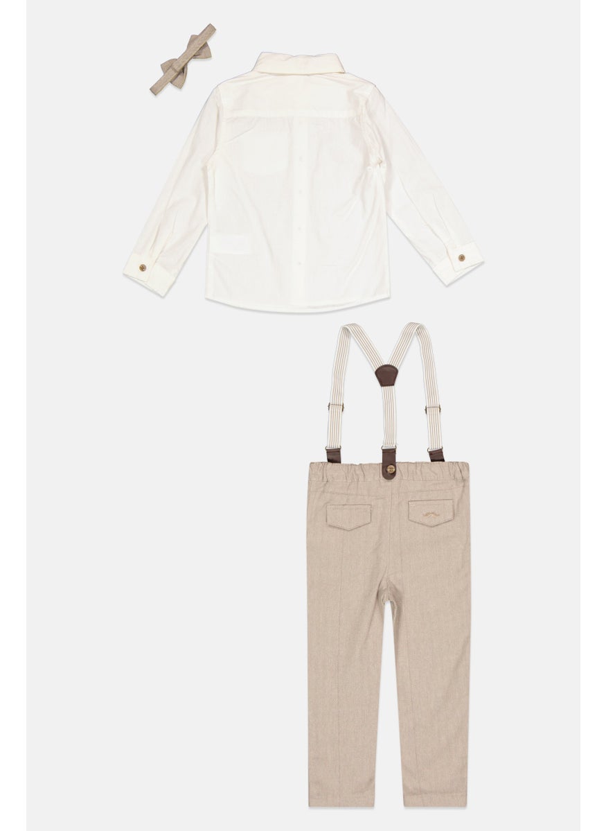 Little Gent - Toddlers Boy 4 Pieces Solid Pants, Shirt, Bow Tie And Detachable Suspender Belts, White - Image 1