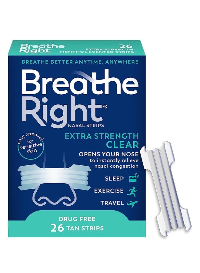 Breathe Right Extra Strength Clear Nasal Strips, Anti-Snoring Patch, Enhanced Adhesion Ventilation Closed Mouth Patch, Nasal Congestion Relief Oral Breathing Patch - 26 Count (Pack of 1) - Image 1