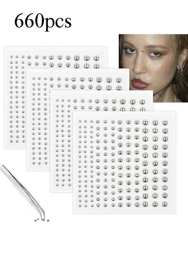 YJ 660pcs Sliver Face Gem Rhinestones Stickers Fake Lip Nails Stickers Fake Nose Stud Eyebrow Ear Stud Non Piercing Earring Studs Silver Belly Button Jewelry Gothic Cool Punk Y2K Makeup for Women Men - Image 1