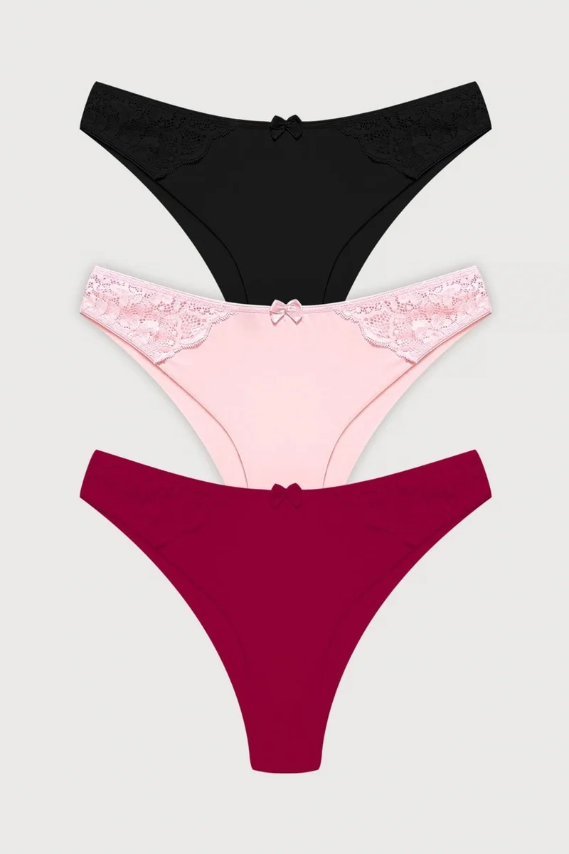كوتن هيل Basic Laser Cut Lace Detailed Brazilian 3 Pack Panties - 4