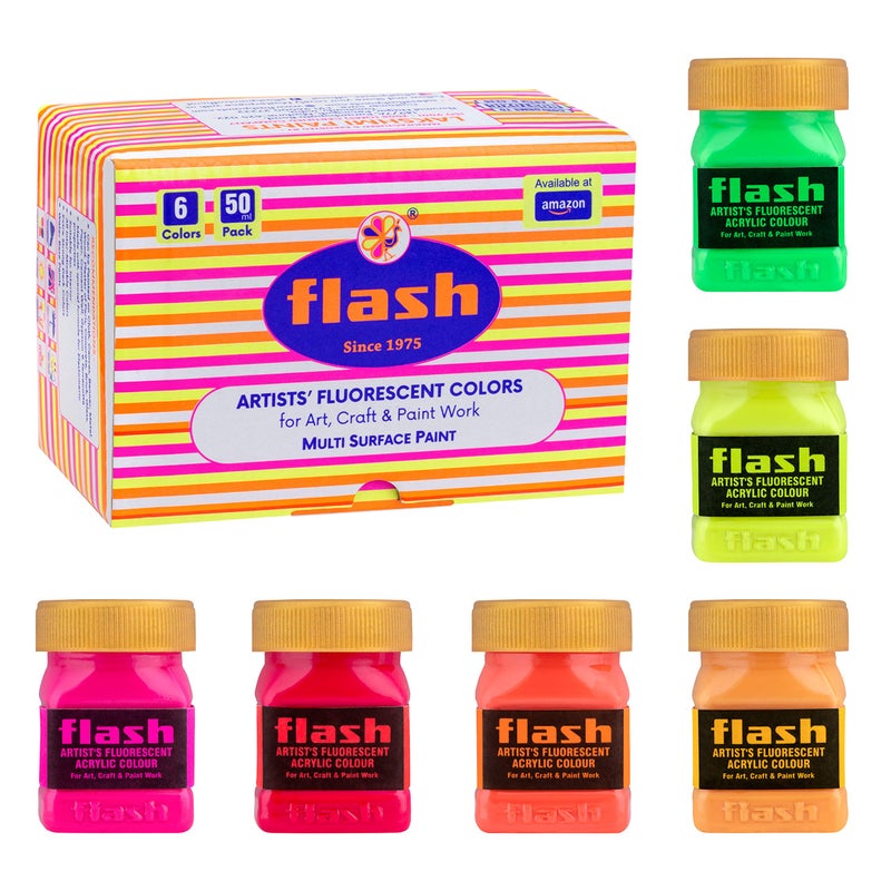 Flash Fluorescent Acrylic Paint Set | 6 Neon Colors | 50 ml, 1.7 fl oz Each | High Pigment Strength | Indoor | Non Toxic | Multi-Surface Paint | Pro Artist, Hobby Painters & Kid | Made in India - Image 1
