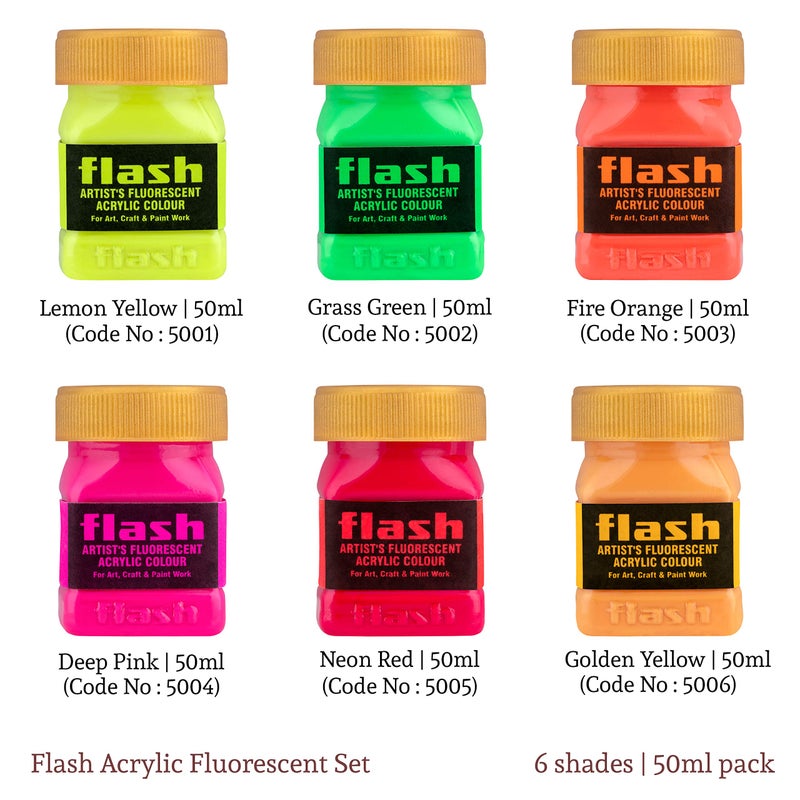 Flash Fluorescent Acrylic Paint Set | 6 Neon Colors | 50 ml, 1.7 fl oz Each | High Pigment Strength | Indoor | Non Toxic | Multi-Surface Paint | Pro Artist, Hobby Painters & Kid | Made in India - Image 2