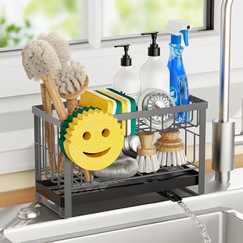 Taugast Sponge Holder for Kitchen Sink with Flexible Sink Caddy Smiley Face2 Tier Kitchen Sink Organizer Countertop and Storage EssentialsSoap Dispenser OrganizeHome Decor AccessoriesGray - Image 1