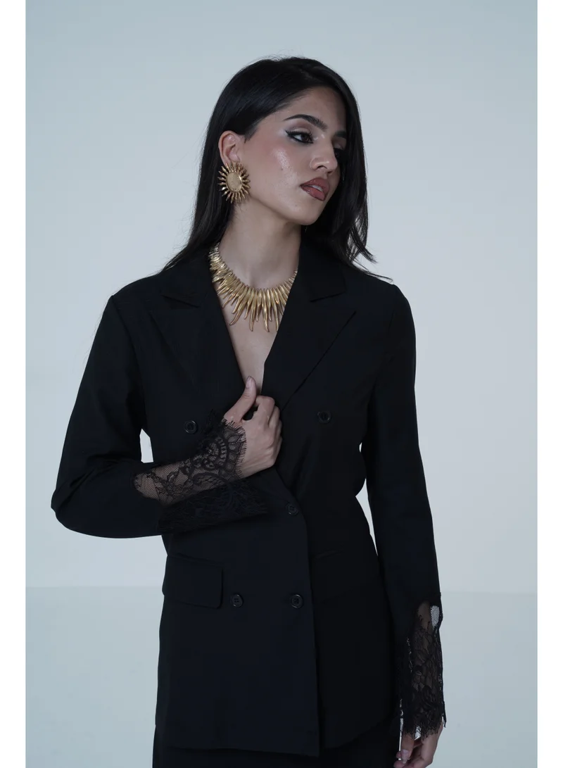 Ashita Fernandes Black Tailored Blazer with Lace Cuff Detail