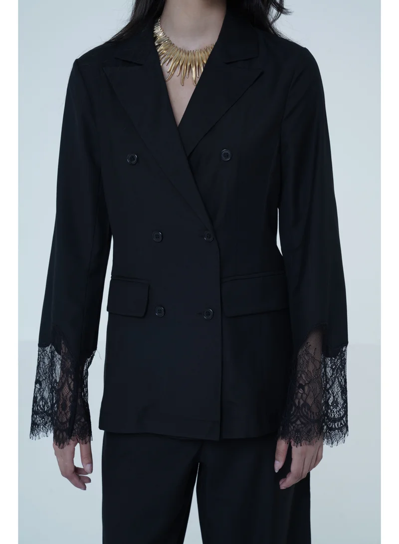 Ashita Fernandes Black Tailored Blazer with Lace Cuff Detail