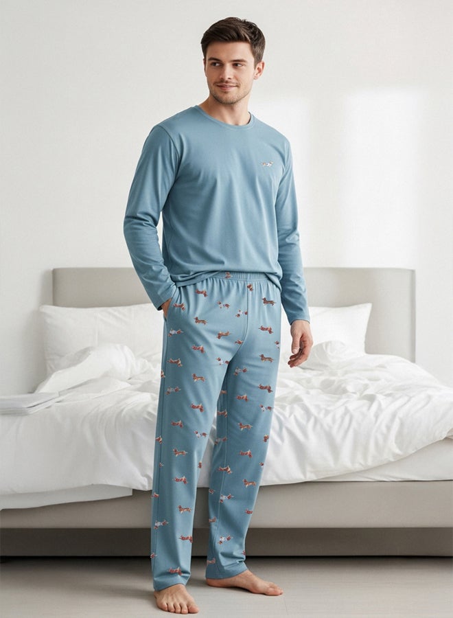 trendyol Blue 100% Cotton Regular Fit Animal Patterned Knitted Pajama Set - Image 1