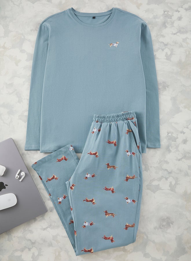 trendyol Blue 100% Cotton Regular Fit Animal Patterned Knitted Pajama Set - Image 2