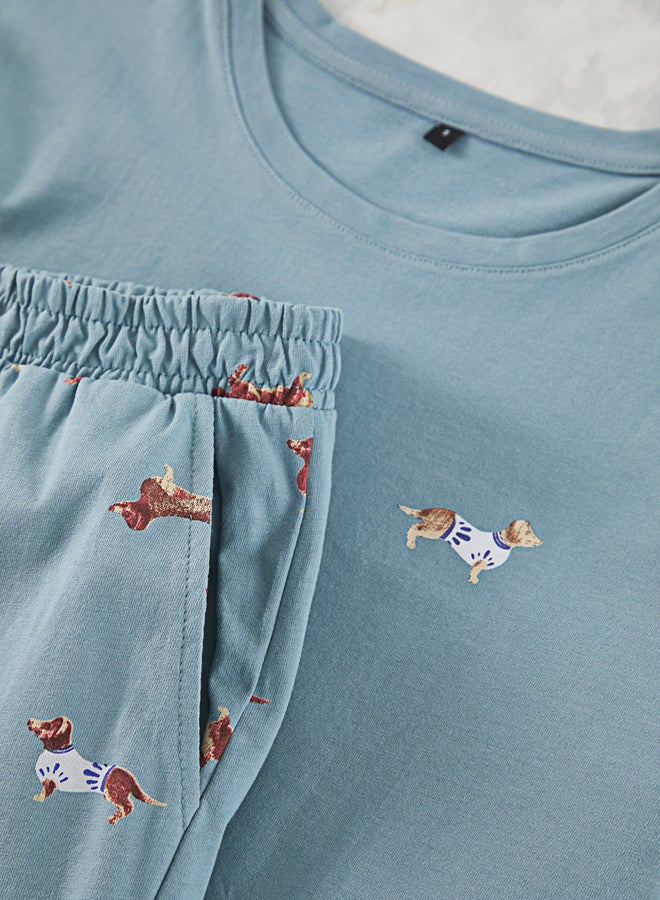 trendyol Blue 100% Cotton Regular Fit Animal Patterned Knitted Pajama Set - Image 3