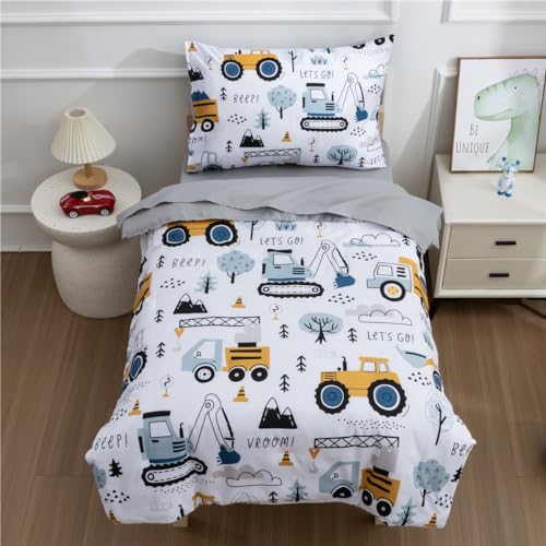 NTBED 4 Pieces Construction Toddler Bedding Set for Baby Boys,Tree Truck Vehicles Excavator Cars Printed, Includes Comforter, Flat Sheet, Fitted Sheet and Pillowcase,Light Grey - Image 1