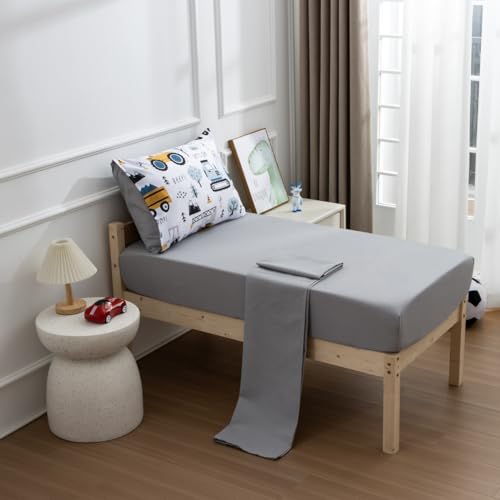 NTBED 4 Pieces Construction Toddler Bedding Set for Baby Boys,Tree Truck Vehicles Excavator Cars Printed, Includes Comforter, Flat Sheet, Fitted Sheet and Pillowcase,Light Grey - Image 4