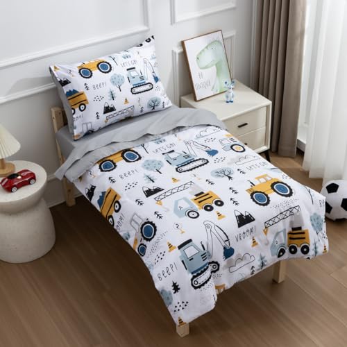 NTBED 4 Pieces Construction Toddler Bedding Set for Baby Boys,Tree Truck Vehicles Excavator Cars Printed, Includes Comforter, Flat Sheet, Fitted Sheet and Pillowcase,Light Grey - Image 3