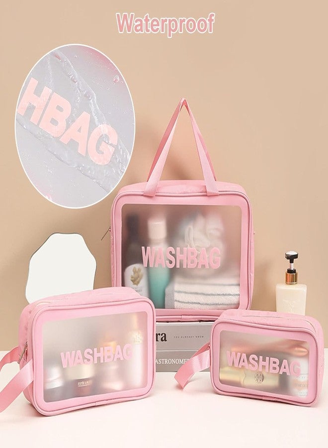 SKDBPM WASHBAG Clear Toiletry Travel Organizer Set, Black PVC Makeup Bags, 3 Piece Transparent Cosmetic Storage Pouches with Handles (Pink) - Image 3