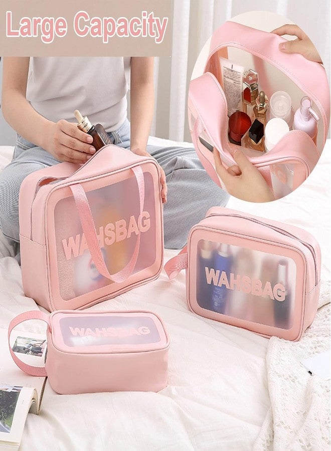 SKDBPM WASHBAG Clear Toiletry Travel Organizer Set, Black PVC Makeup Bags, 3 Piece Transparent Cosmetic Storage Pouches with Handles (Pink) - Image 4