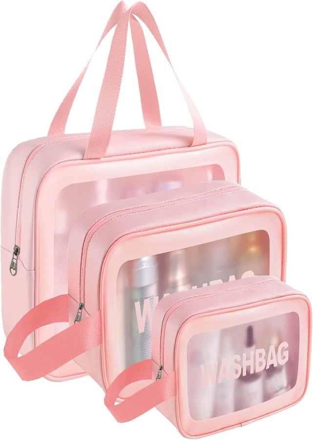 SKDBPM WASHBAG Clear Toiletry Travel Organizer Set, Black PVC Makeup Bags, 3 Piece Transparent Cosmetic Storage Pouches with Handles (Pink) - Image 1