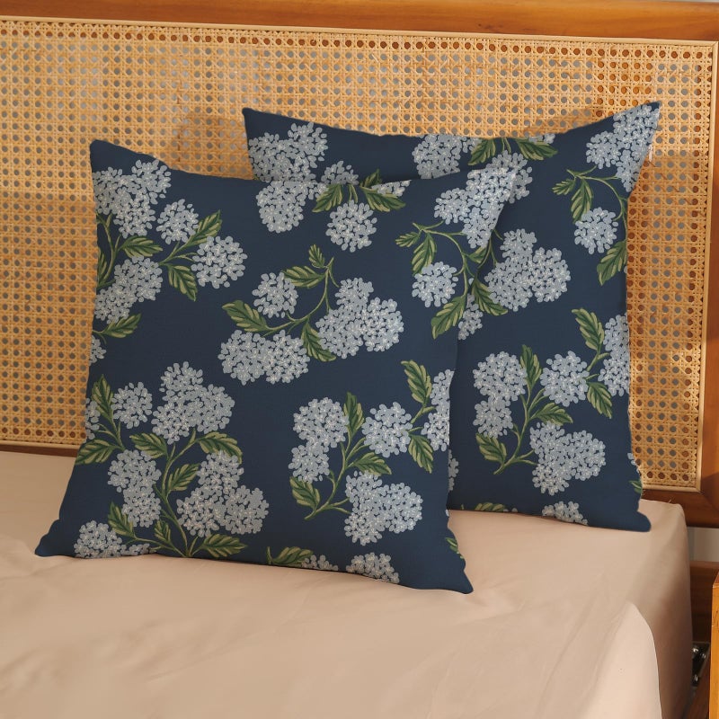 DAFENA Navy Blue Spring Pillow Covers 18x18 Inch 2 Pcs Blue Green Hydrangea Flower Decor Throw Pillows Vintage Floral Seasonal Summer Outdoor Decoration Pillowcase Linen Cushion Cover for Couch Sofa - Image 2