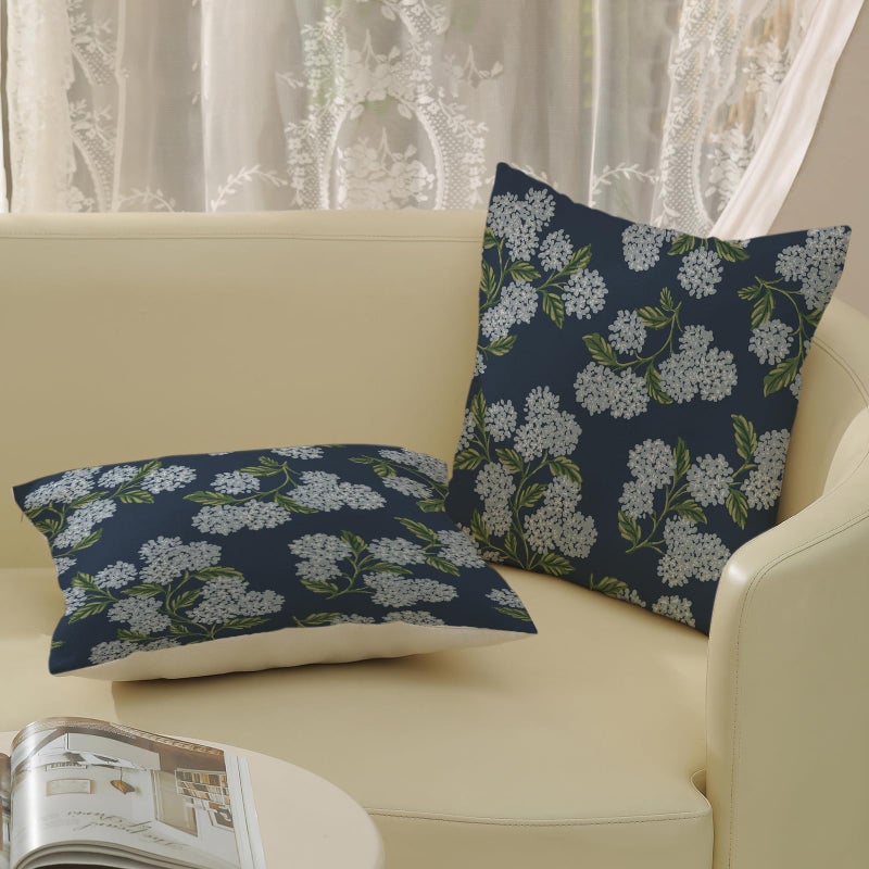 DAFENA Navy Blue Spring Pillow Covers 18x18 Inch 2 Pcs Blue Green Hydrangea Flower Decor Throw Pillows Vintage Floral Seasonal Summer Outdoor Decoration Pillowcase Linen Cushion Cover for Couch Sofa - Image 4