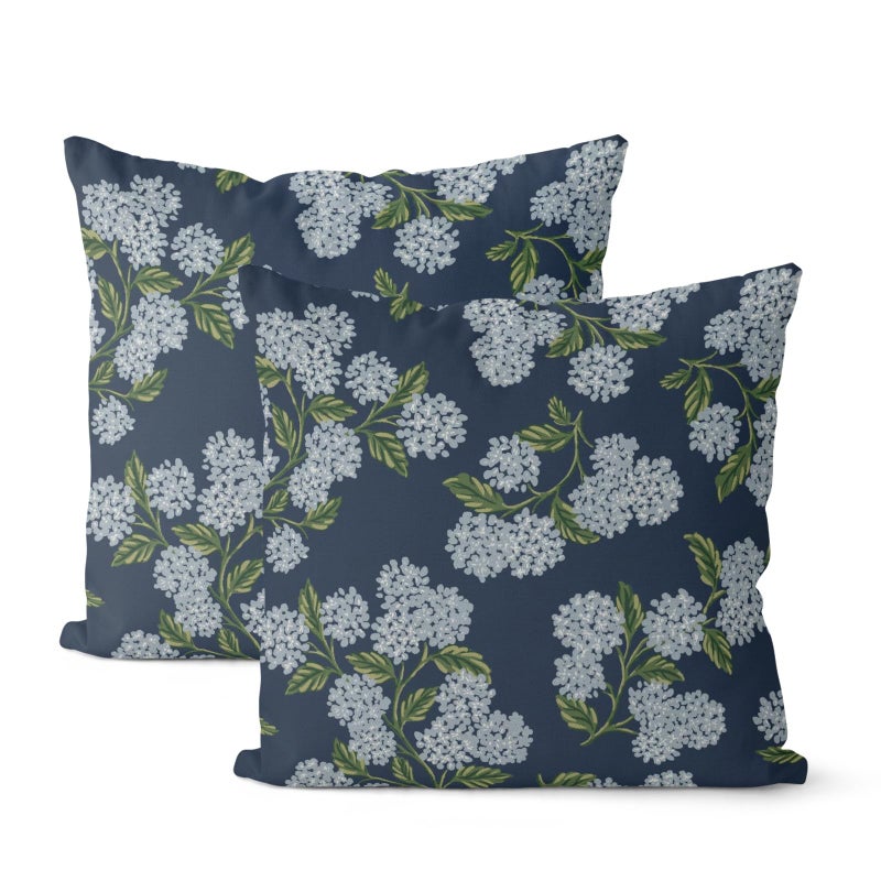 DAFENA Navy Blue Spring Pillow Covers 18x18 Inch 2 Pcs Blue Green Hydrangea Flower Decor Throw Pillows Vintage Floral Seasonal Summer Outdoor Decoration Pillowcase Linen Cushion Cover for Couch Sofa - Image 1
