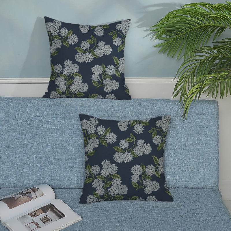 DAFENA Navy Blue Spring Pillow Covers 18x18 Inch 2 Pcs Blue Green Hydrangea Flower Decor Throw Pillows Vintage Floral Seasonal Summer Outdoor Decoration Pillowcase Linen Cushion Cover for Couch Sofa - Image 3