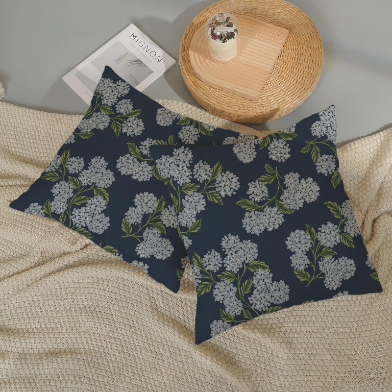 DAFENA Navy Blue Spring Pillow Covers 18x18 Inch 2 Pcs Blue Green Hydrangea Flower Decor Throw Pillows Vintage Floral Seasonal Summer Outdoor Decoration Pillowcase Linen Cushion Cover for Couch Sofa - Image 5