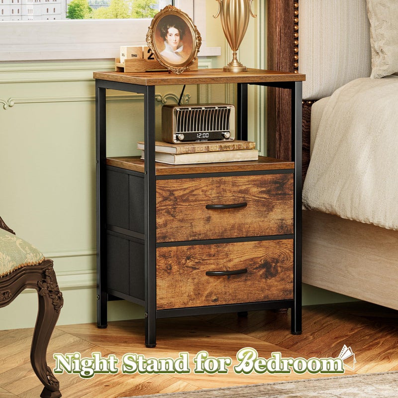 Huuger Night Stand Set of 2, Nightstand with 2 Drawers, Bed Side Table with Open Shelf, Wooden Top, End Table, Fabric Drawer, for Bedroom, Rustic Brown - Image 2
