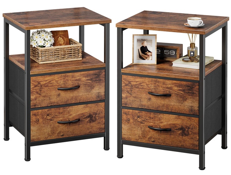 Huuger Night Stand Set of 2, Nightstand with 2 Drawers, Bed Side Table with Open Shelf, Wooden Top, End Table, Fabric Drawer, for Bedroom, Rustic Brown - Image 1