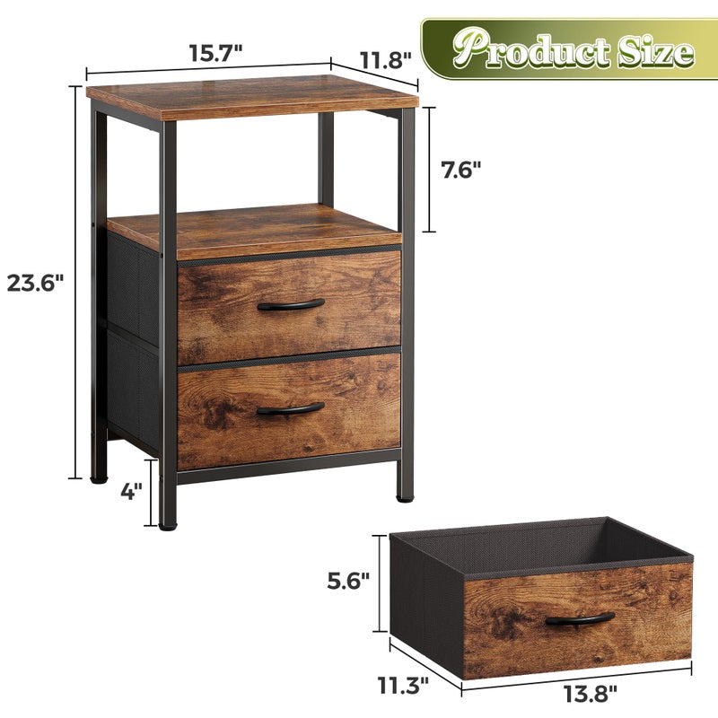 Huuger Night Stand Set of 2, Nightstand with 2 Drawers, Bed Side Table with Open Shelf, Wooden Top, End Table, Fabric Drawer, for Bedroom, Rustic Brown - Image 3