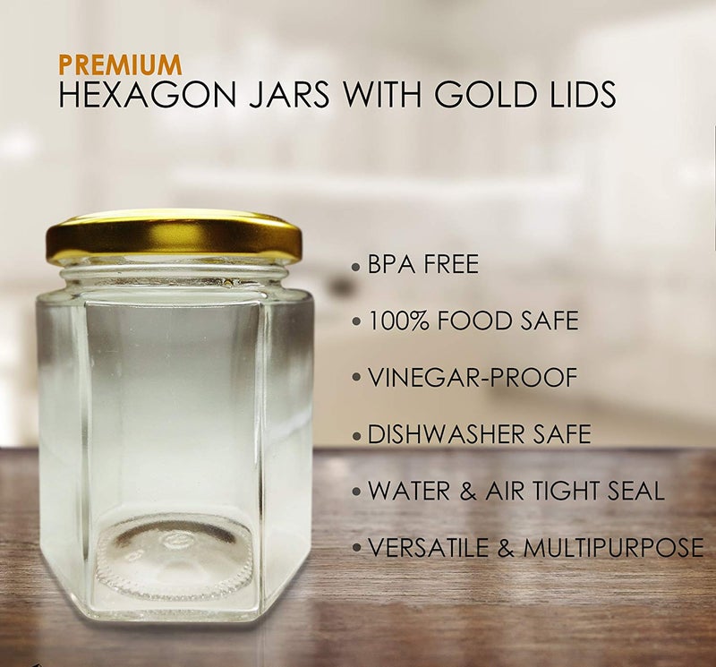 Cloudsell Hexagon Glass jar with Airtight Lid, for Spice, Honey, Dry Fruit, 200 ml, Set of 12 - Image 3