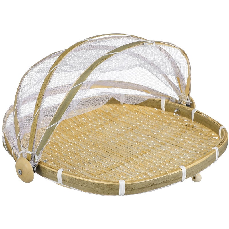 Small Square Woven Bread Basket With Mesh Cover For Kitchen Picnic Mosquito Resistant Food Storage - Image 2