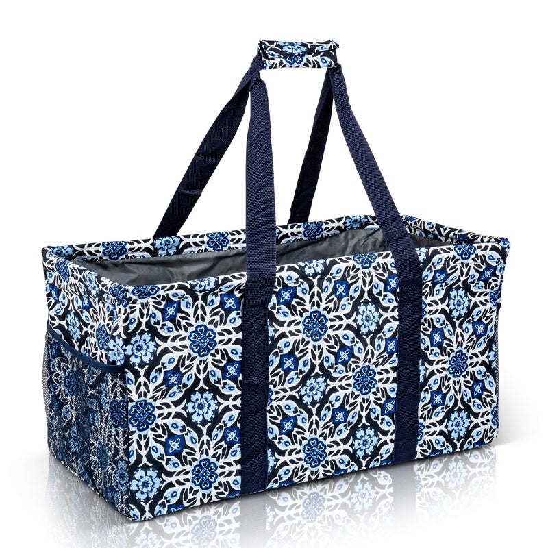 Lucazzi Extra Large Utility Tote Bag Oversized Collapsible Reusable Wire Frame Rectangular Canvas Basket With Two Exterior Pockets For Beach Pool Laundry Car Trunk Storage Blue Snowflake