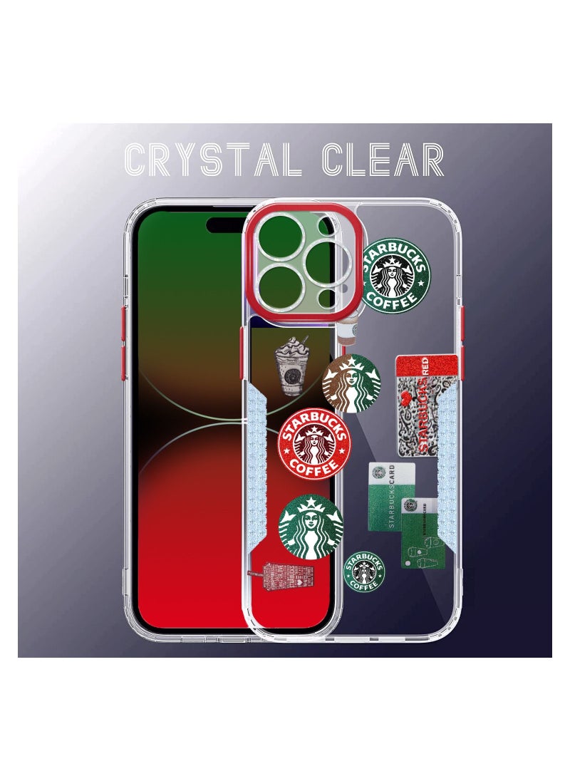 Starbucks - Starbucks Series High Quality Square Edge Cover Full Lens Protective Transparent TPU Case With Stickers For Apple iPhone 14 Pro Max Red - Image 1