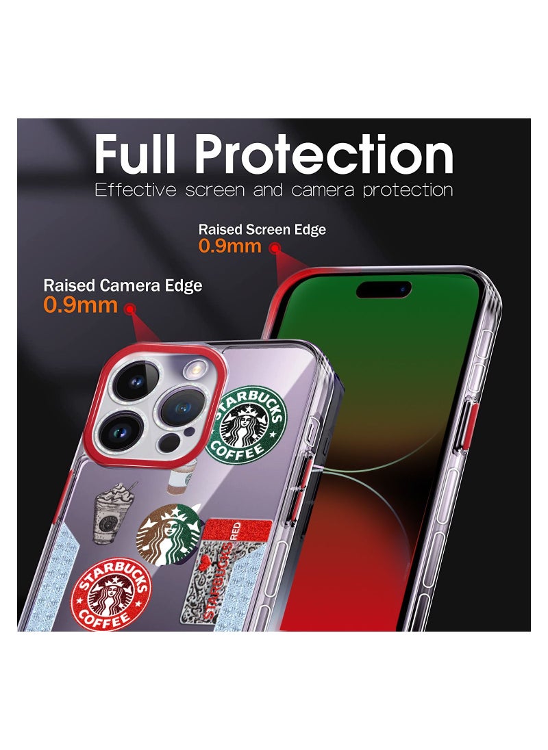 Starbucks - Starbucks Series High Quality Square Edge Cover Full Lens Protective Transparent TPU Case With Stickers For Apple iPhone 14 Pro Max Red - Image 1