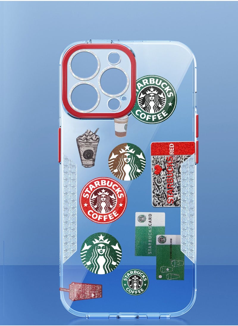 Starbucks - Starbucks Series High Quality Square Edge Cover Full Lens Protective Transparent TPU Case With Stickers For Apple iPhone 14 Pro Max Red - Image 1