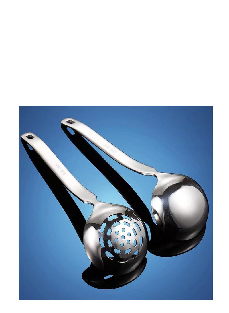 SYOSI مجموعة مغرفة حساء مخرمة، 2 قطعة مغرفة حساء معدني SUS304، مغارف فولاذية غير قابلة للصدأ ومغرفة مخرمة، مغرفة حساء صغيرة، لتقديم الصلصة أو الحساء الساخن أو المطعم - Image 2