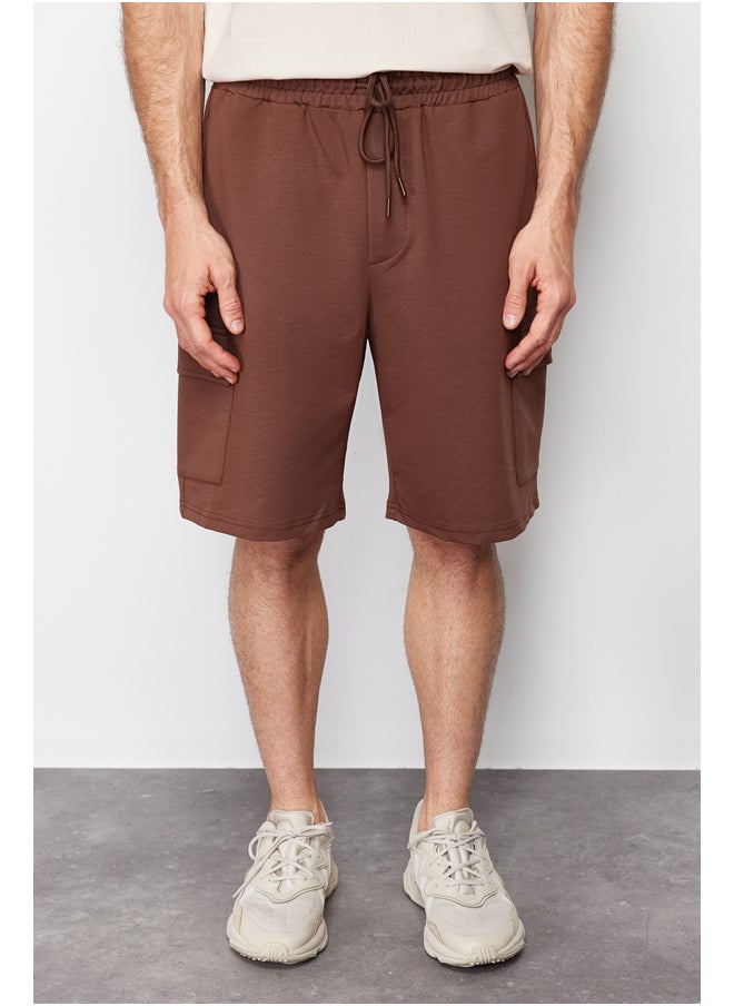 Brown Oversize/Wide-Fit Concealed Cord Elastic Waist Cargo Pocket Tag Shorts TMNSS24SR00018