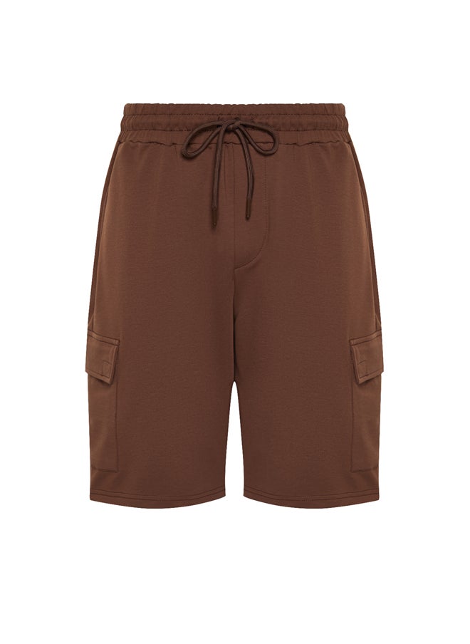 Brown Oversize/Wide-Fit Concealed Cord Elastic Waist Cargo Pocket Tag Shorts TMNSS24SR00018