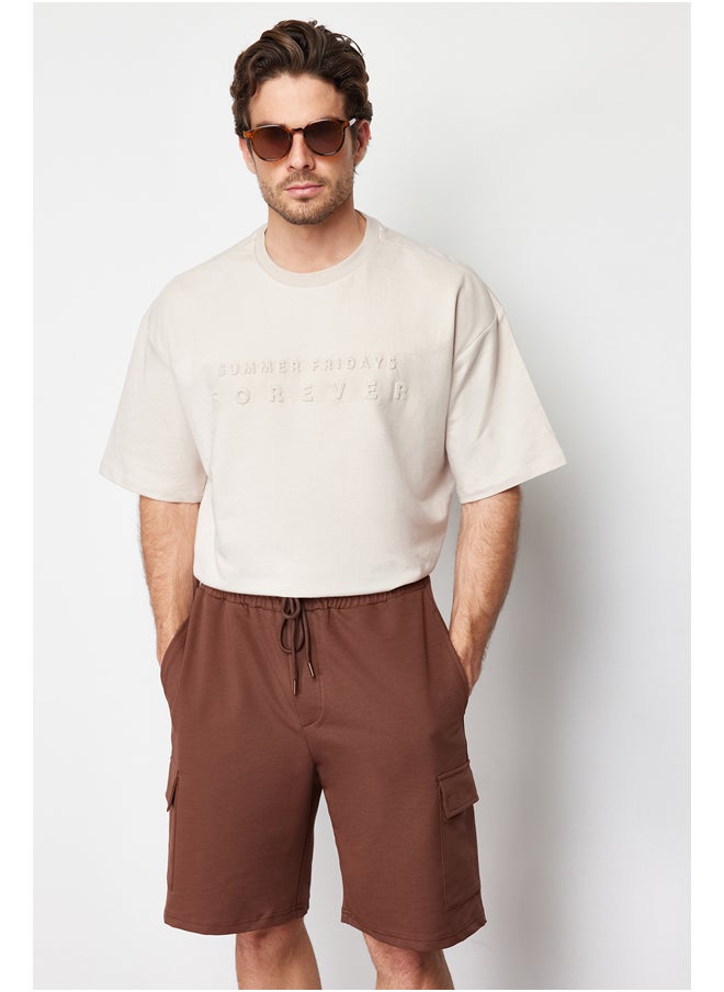 Brown Oversize/Wide-Fit Concealed Cord Elastic Waist Cargo Pocket Tag Shorts TMNSS24SR00018