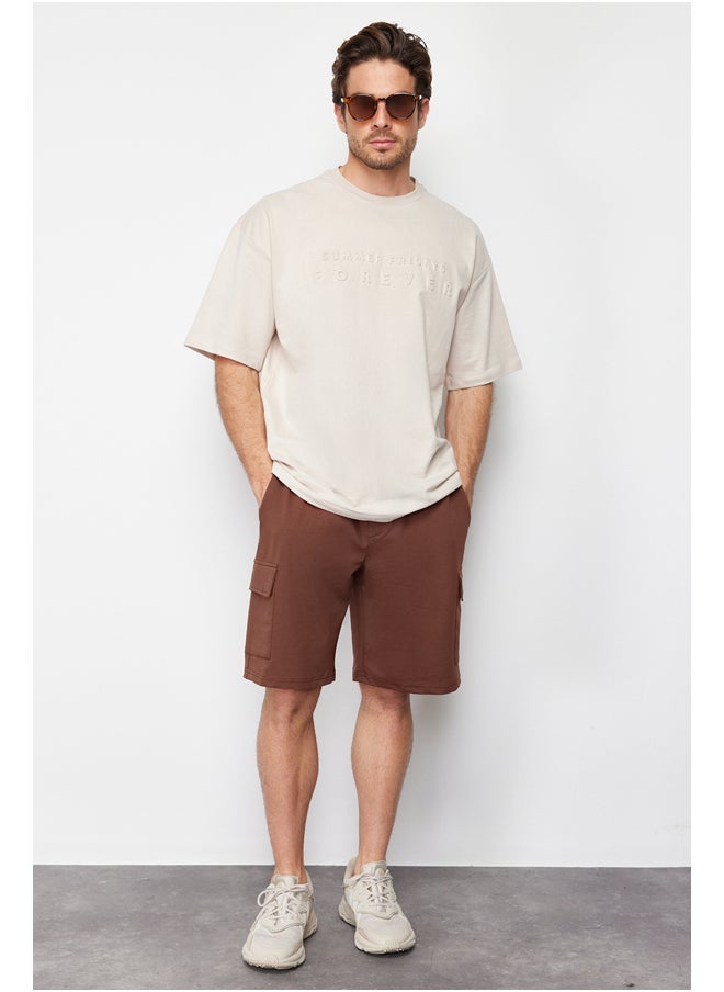 Brown Oversize/Wide-Fit Concealed Cord Elastic Waist Cargo Pocket Tag Shorts TMNSS24SR00018