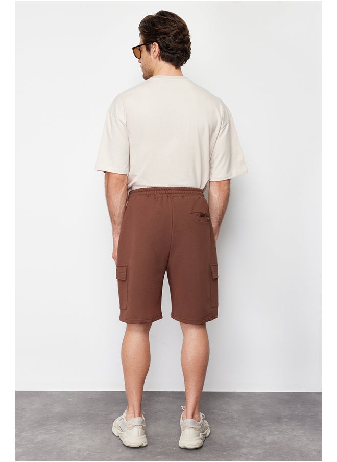 Brown Oversize/Wide-Fit Concealed Cord Elastic Waist Cargo Pocket Tag Shorts TMNSS24SR00018