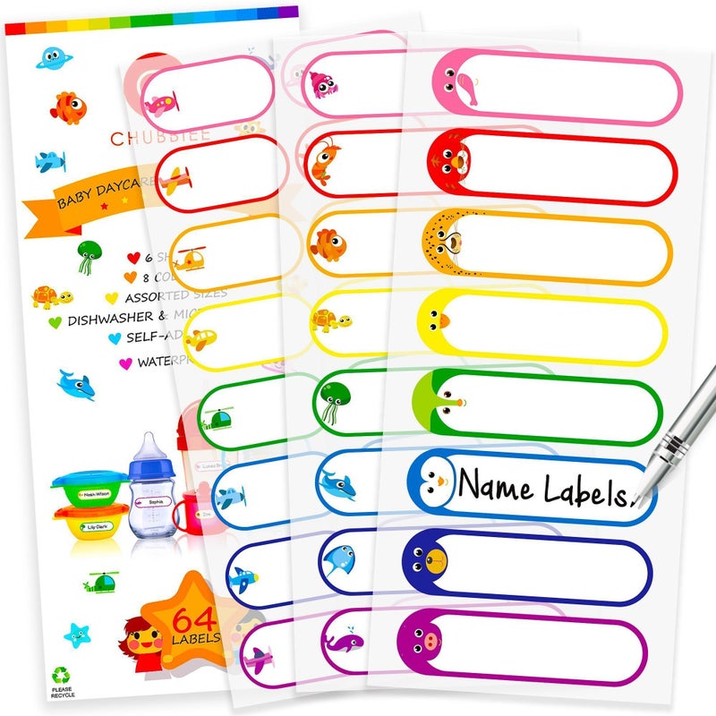 CHUBBIEE Baby Bottle & Daycare Name Labels, Self-Laminating Waterproof Stickers for Kids Stuff, Dishwasher Safe Write-On Name Tags for School & Home, Assorted Sizes & Colors, Pack of 64 - Image 1