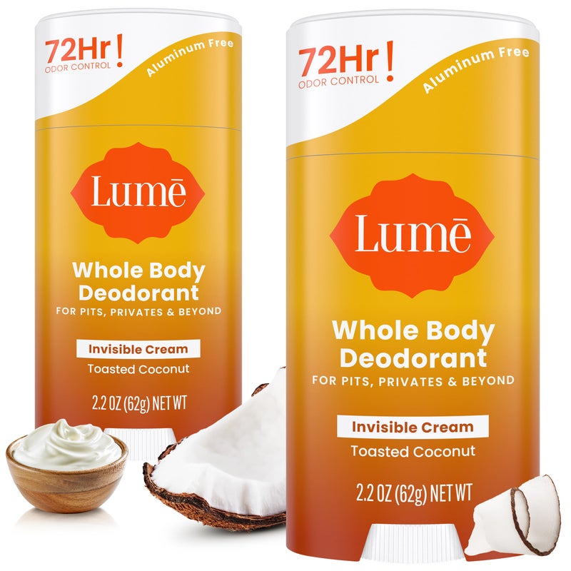 Lume Whole Body Deodorant - Invisible Cream Stick - 72 Hour Odor Control - Aluminum Free, Baking Soda Free, Skin Safe - 2.2 Ounce (Pack of 2) (Toasted Coconut) - Image 1