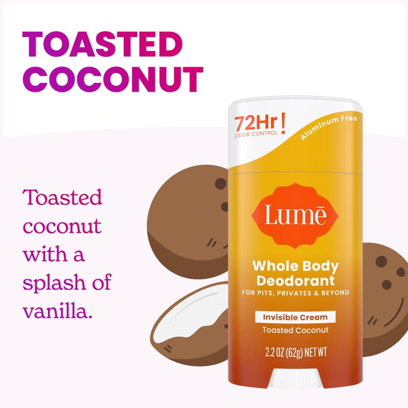 Lume Whole Body Deodorant - Invisible Cream Stick - 72 Hour Odor Control - Aluminum Free, Baking Soda Free, Skin Safe - 2.2 Ounce (Pack of 2) (Toasted Coconut) - Image 4