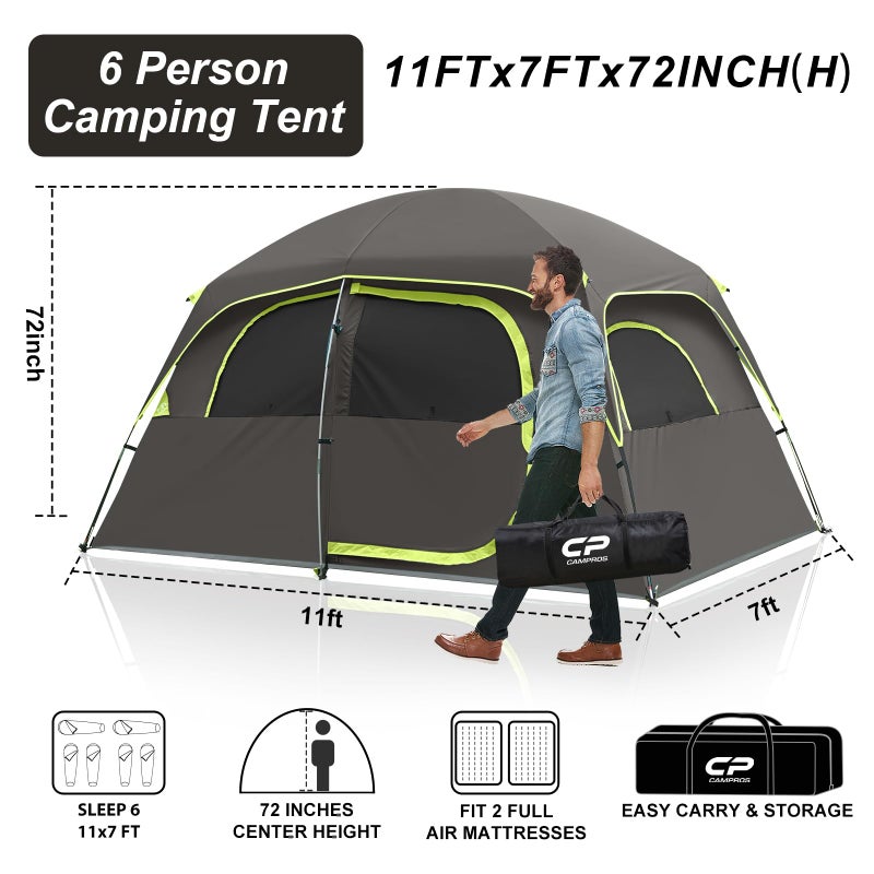 CAMPROS CP Tent-6-Person-Camping-Tents, Waterproof Windproof Family Tent with Top Rainfly, 4 Large Mesh Windows, Double Layer, Easy Set Up, Portable with Carry Bag (Deep Gray) - Image 2