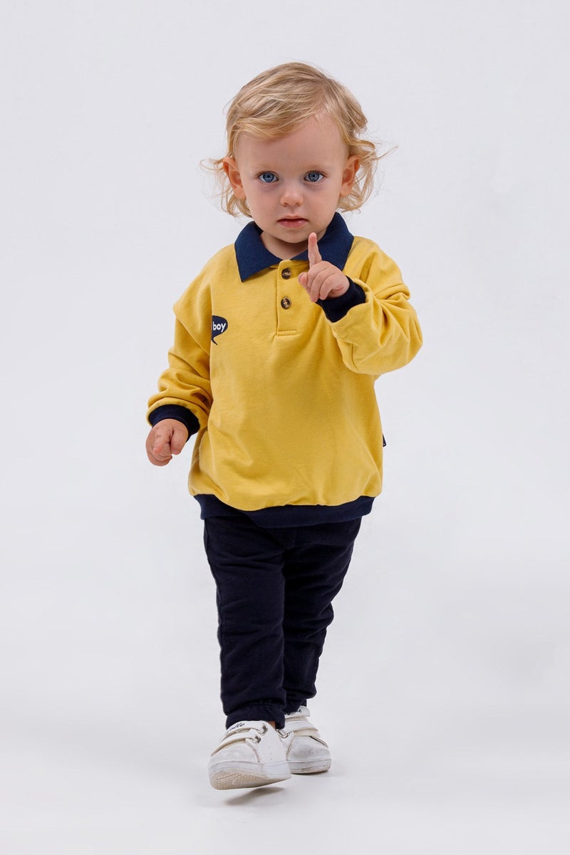 Harika Kids Baby Boy Child Two Yarn Fabric Medium Thickness Polo Collar Knitted Basic Bottom Top Tracksuit Set  - Image 1