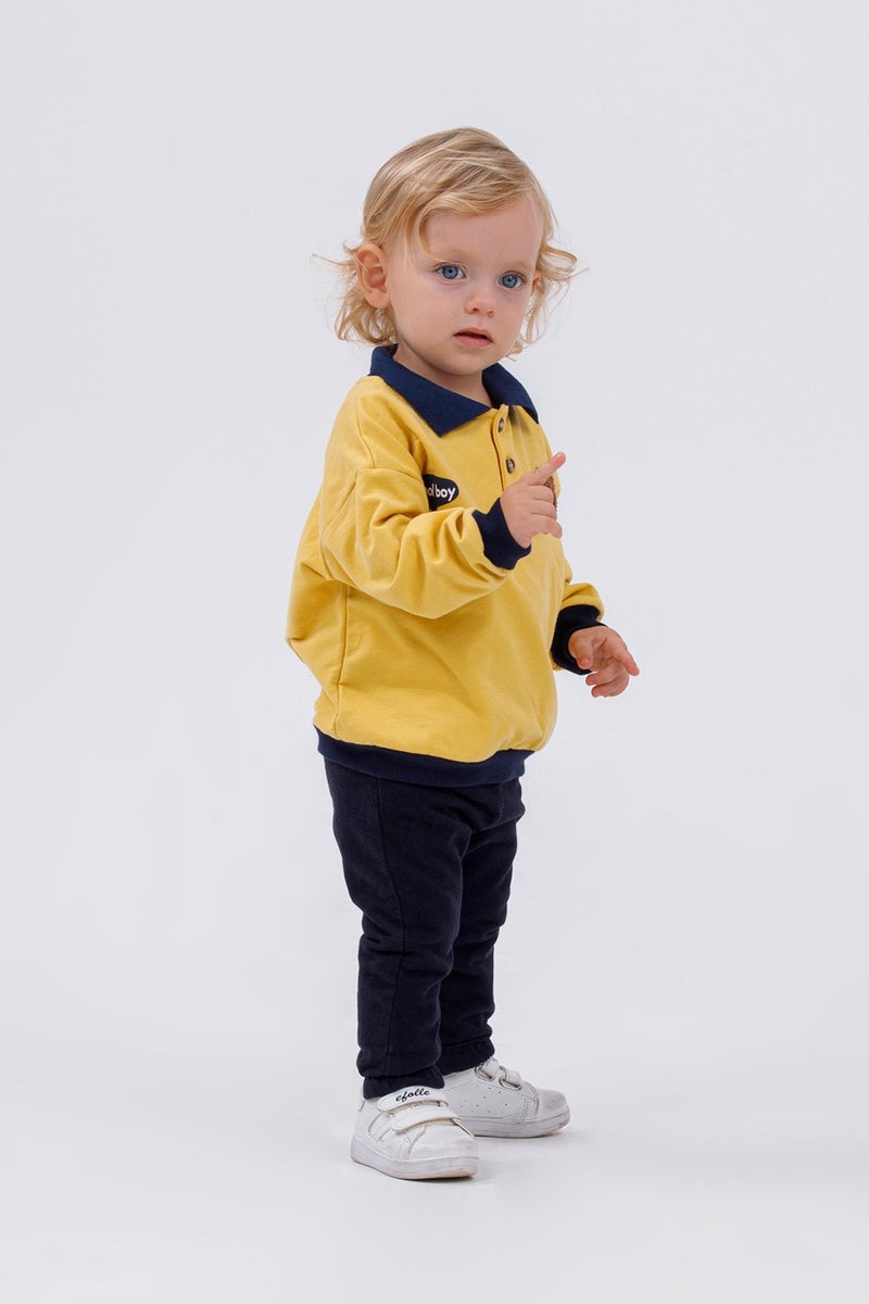Harika Kids Baby Boy Child Two Yarn Fabric Medium Thickness Polo Collar Knitted Basic Bottom Top Tracksuit Set  - Image 2