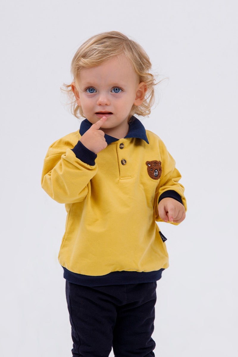Harika Kids Baby Boy Child Two Yarn Fabric Medium Thickness Polo Collar Knitted Basic Bottom Top Tracksuit Set  - Image 3