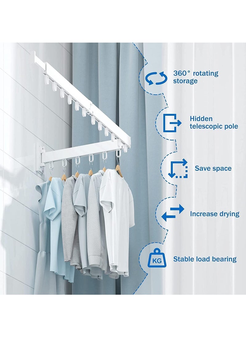 AUTOYSUR Clothes Drying Rack, Wall Mounted Clothes Rack, Aluminum Alloy Folding Hanging Rack, Three-Fold Space-Saver, Retractable, Strong Load-Bearing, for Balcony, Laundry, Bathroom, Closet (White)  - Image 4